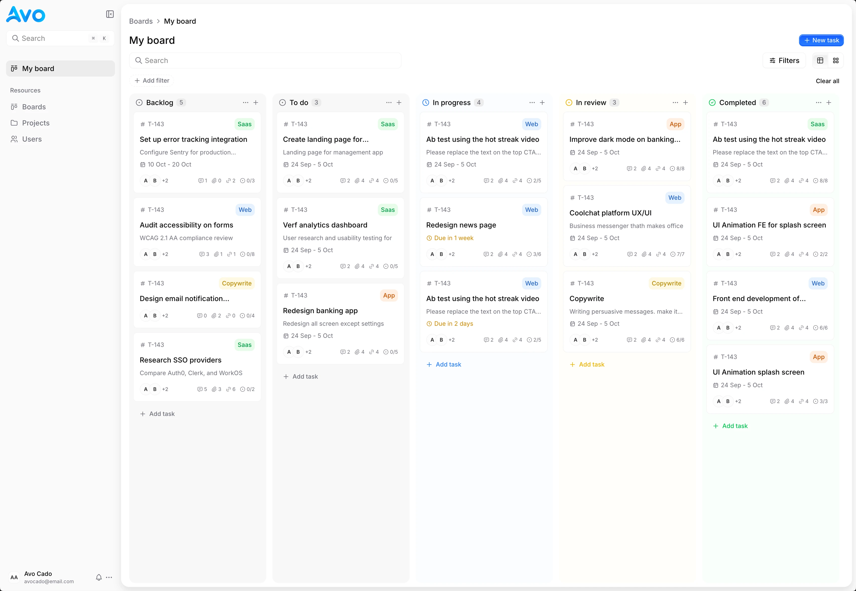 An Avo UI kanban board across status columns