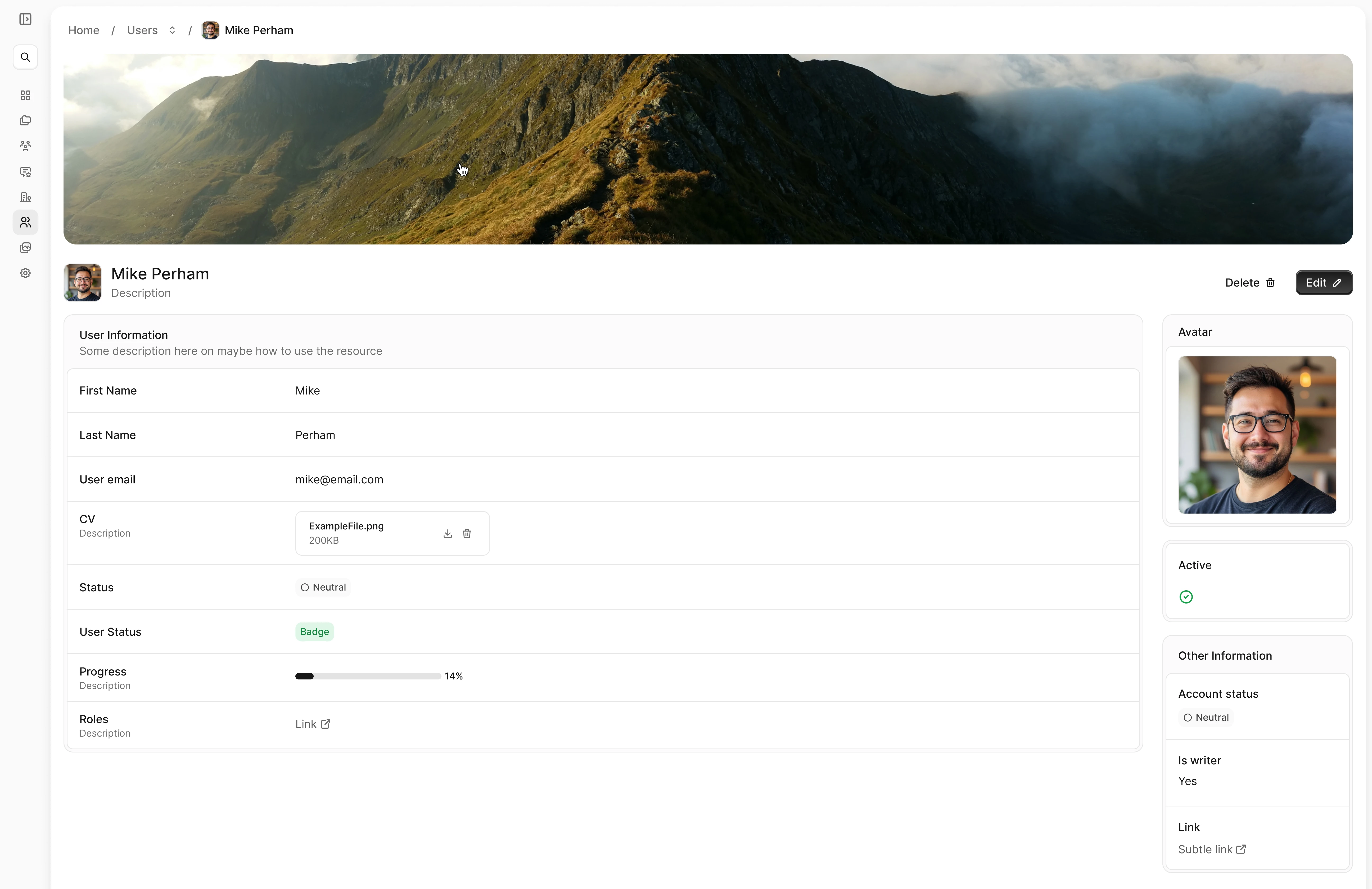 An Avo UI record page: profile, form fields and an avatar