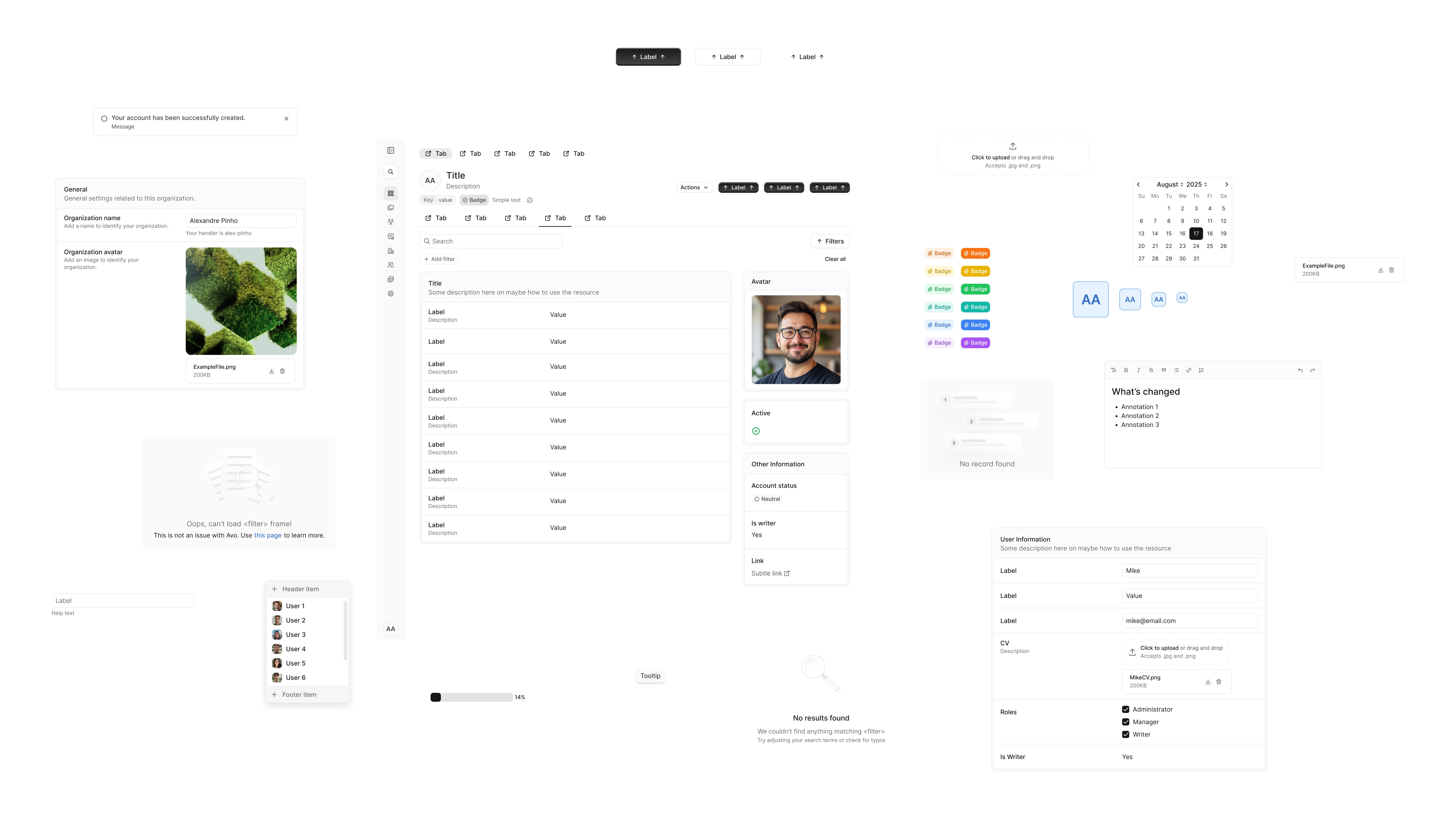 A board of Avo UI 4 screens across the product