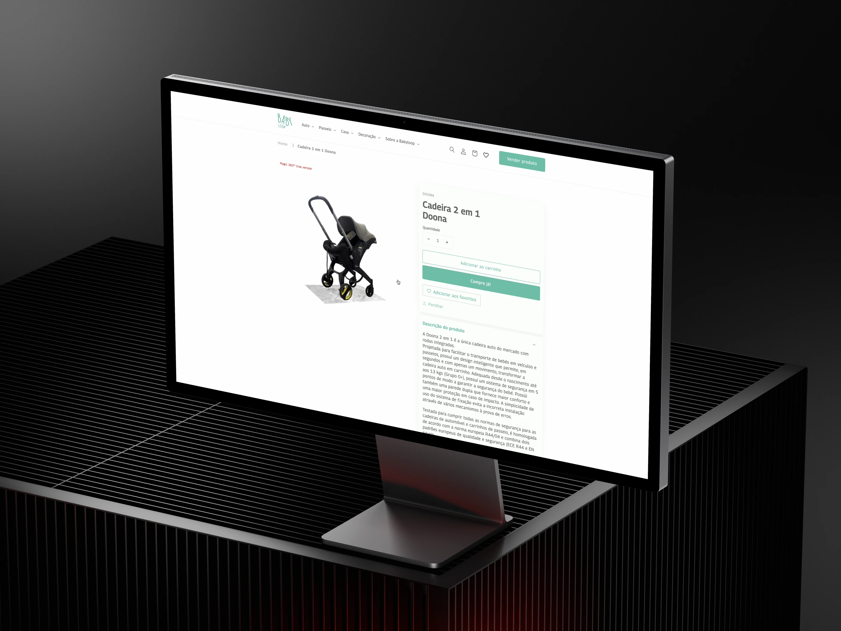 The BabyLoop product page with the 3D model, on a monitor