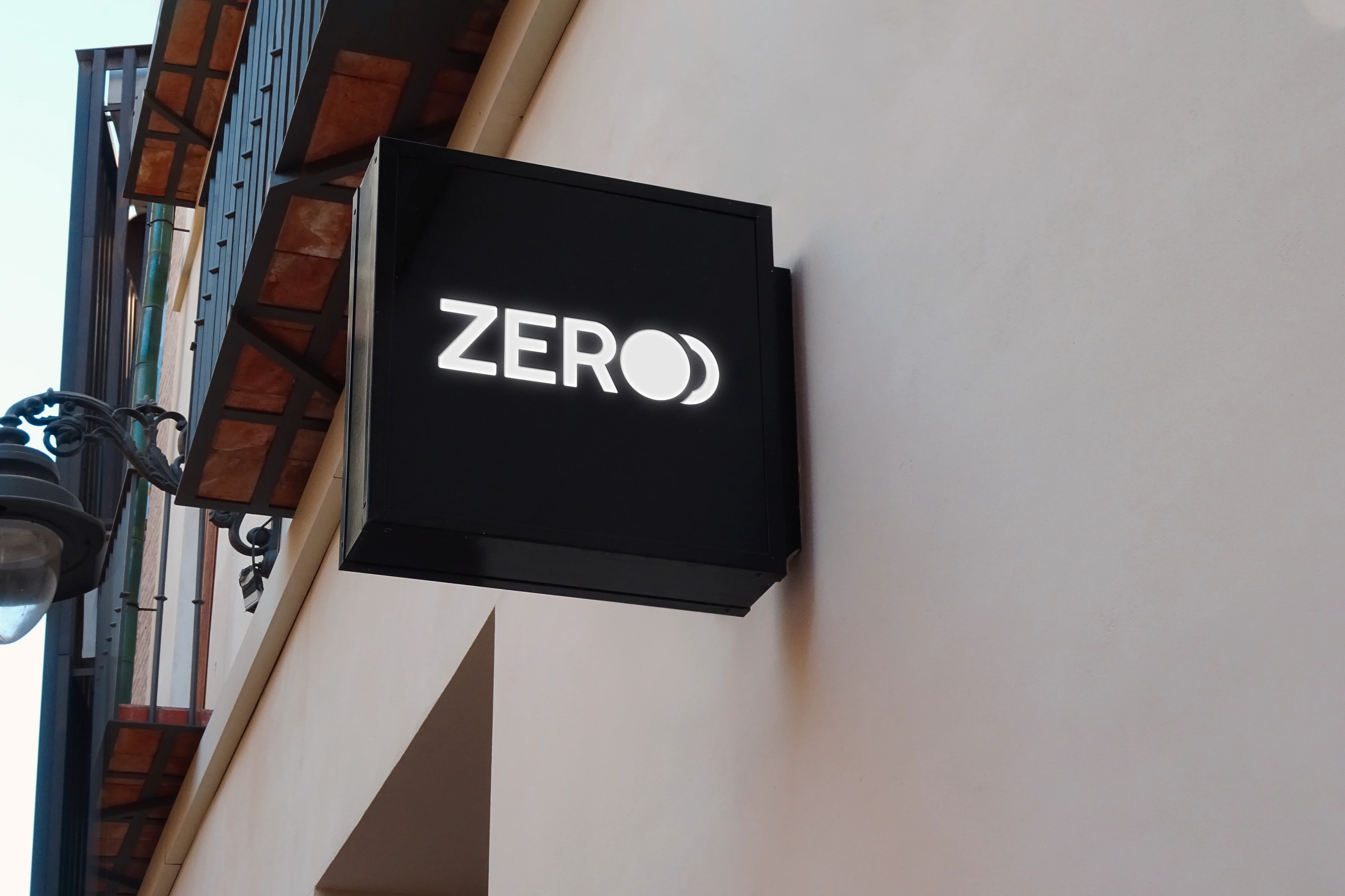 Zeroo logotype on a storefront sign